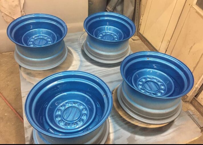 Blue powder-finished custom wheels